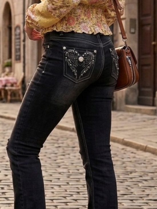 Fire & Rain Denim - ​Fire & Rain Y2K Black Flare Jeans Angel Wing Rhinestone Pockets Size 11